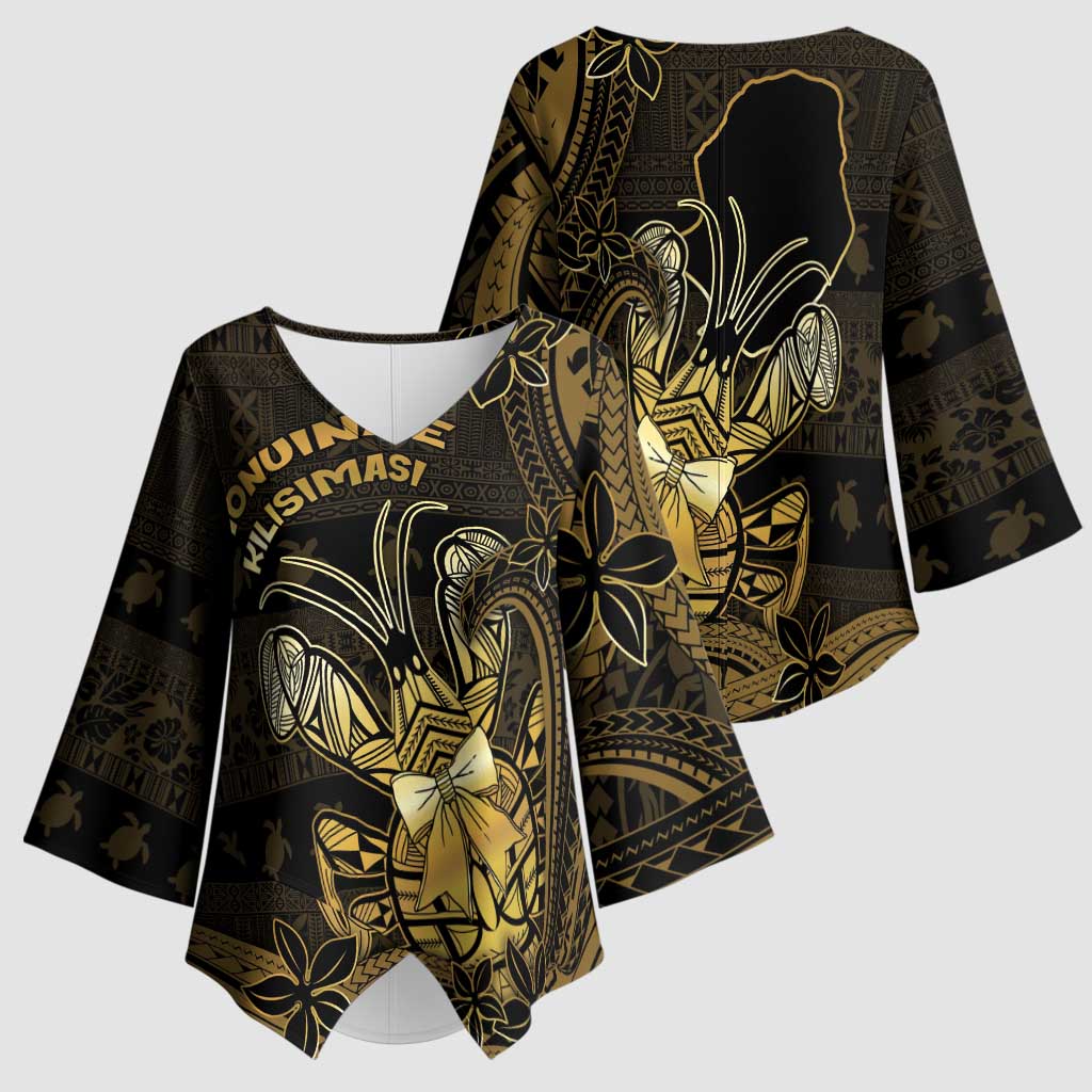 Niue Christmas Kimono Sleeve Blouse Niuean Crab Xmas Tribal Waves - Polynesian Pride