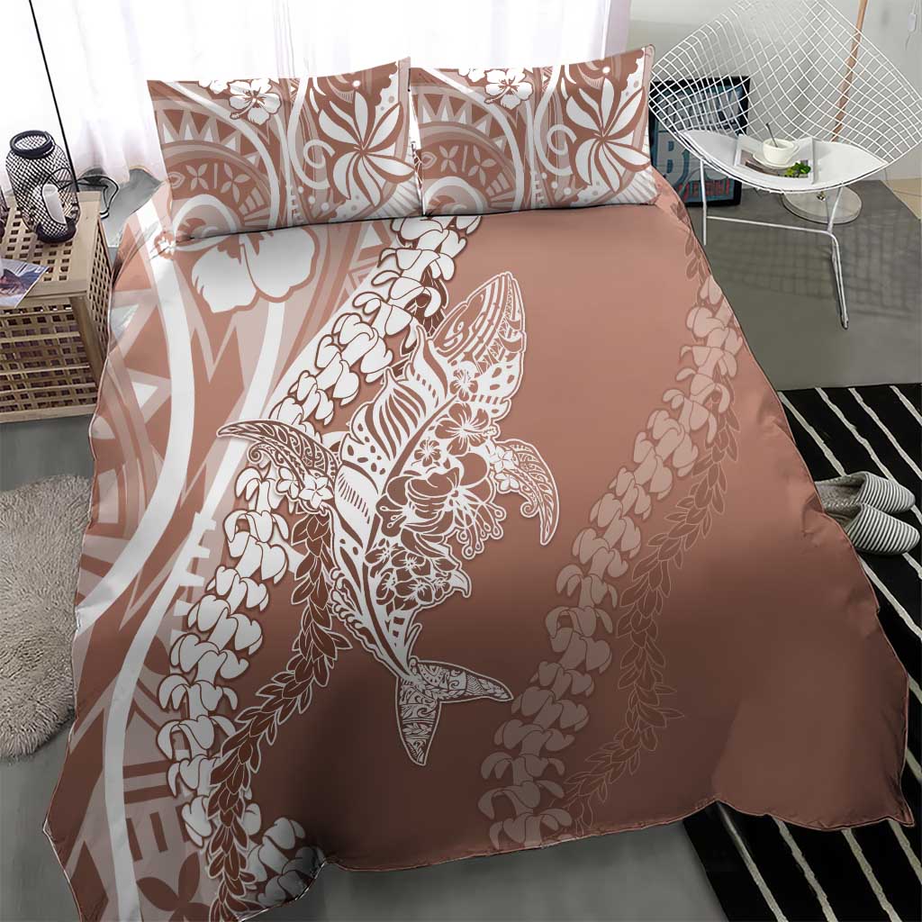 Hawaii Puakenikeni And Maile Lei Bedding Set Brown Polynesian Shark Tattoo DT05
