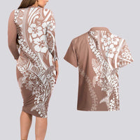 Hawaii Puakenikeni And Maile Lei Couples Matching Long Sleeve Bodycon Dress and Hawaiian Shirt Brown Polynesian Shark Tattoo DT05 - Polynesian Pride