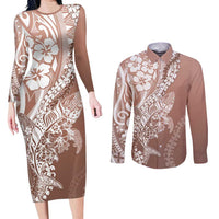 Hawaii Puakenikeni And Maile Lei Couples Matching Long Sleeve Bodycon Dress and Long Sleeve Button Shirt Brown Polynesian Shark Tattoo DT05 Brown - Polynesian Pride