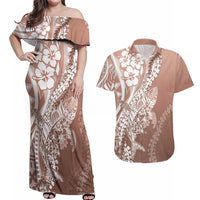 Hawaii Puakenikeni And Maile Lei Couples Matching Off Shoulder Maxi Dress and Hawaiian Shirt Brown Polynesian Shark Tattoo DT05 Brown - Polynesian Pride