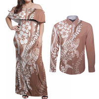 Hawaii Puakenikeni And Maile Lei Couples Matching Off Shoulder Maxi Dress and Long Sleeve Button Shirt Brown Polynesian Shark Tattoo DT05 Brown - Polynesian Pride