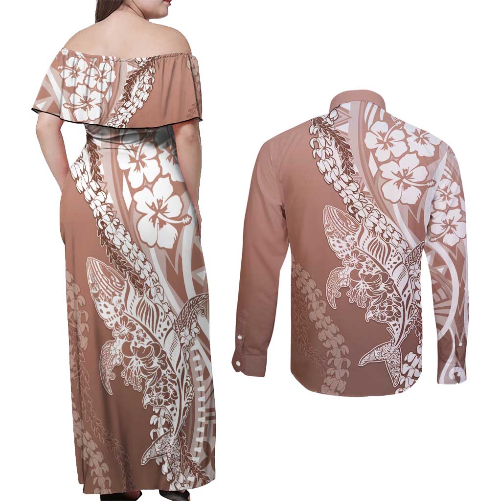 Hawaii Puakenikeni And Maile Lei Couples Matching Off Shoulder Maxi Dress and Long Sleeve Button Shirt Brown Polynesian Shark Tattoo DT05 - Polynesian Pride