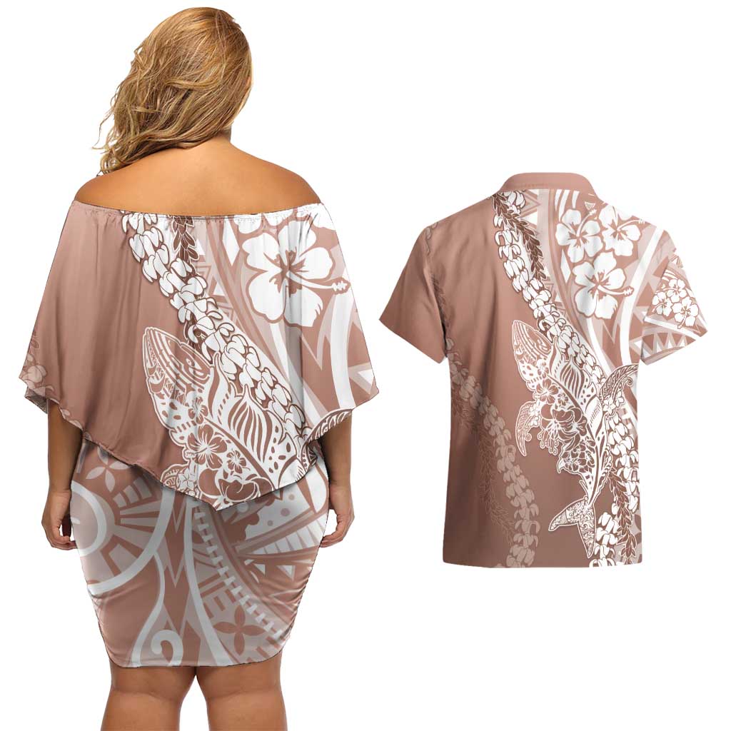 Hawaii Puakenikeni And Maile Lei Couples Matching Off Shoulder Short Dress and Hawaiian Shirt Brown Polynesian Shark Tattoo DT05 - Polynesian Pride