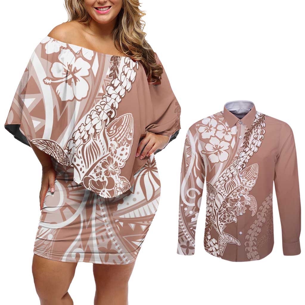 Hawaii Puakenikeni And Maile Lei Couples Matching Off Shoulder Short Dress and Long Sleeve Button Shirt Brown Polynesian Shark Tattoo DT05 Brown - Polynesian Pride