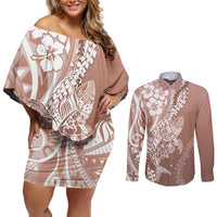 Hawaii Puakenikeni And Maile Lei Couples Matching Off Shoulder Short Dress and Long Sleeve Button Shirt Brown Polynesian Shark Tattoo DT05 Brown - Polynesian Pride