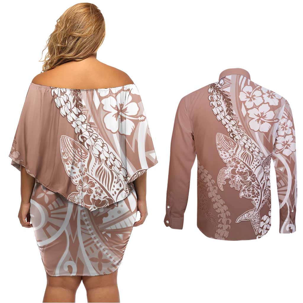 Hawaii Puakenikeni And Maile Lei Couples Matching Off Shoulder Short Dress and Long Sleeve Button Shirt Brown Polynesian Shark Tattoo DT05 - Polynesian Pride
