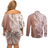 Hawaii Puakenikeni And Maile Lei Couples Matching Off Shoulder Short Dress and Long Sleeve Button Shirt Brown Polynesian Shark Tattoo DT05 - Polynesian Pride