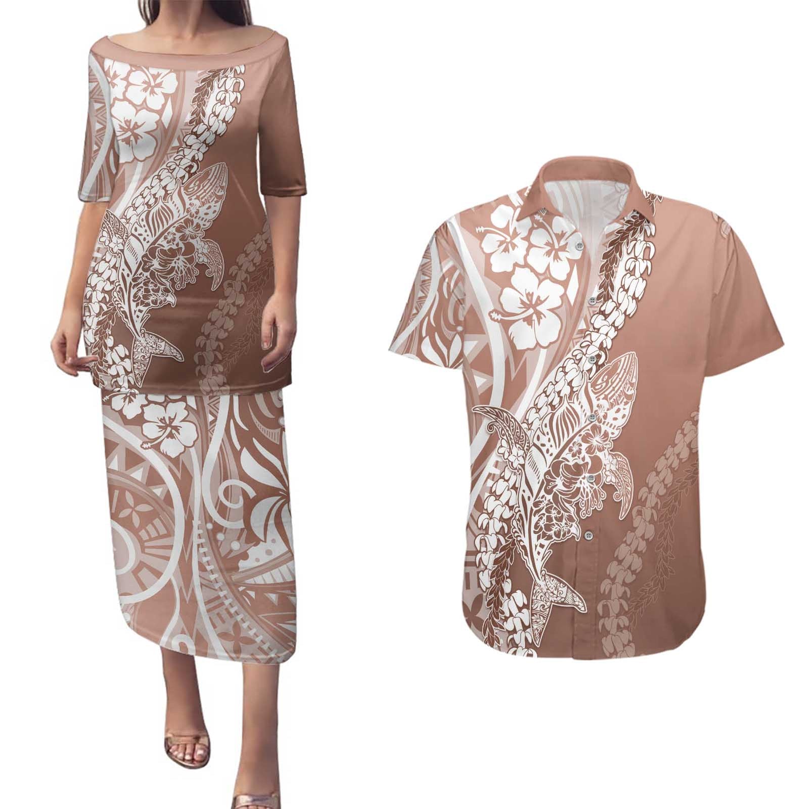 Hawaii Puakenikeni And Maile Lei Couples Matching Puletasi and Hawaiian Shirt Brown Polynesian Shark Tattoo DT05