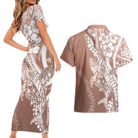 Hawaii Puakenikeni And Maile Lei Couples Matching Short Sleeve Bodycon Dress and Hawaiian Shirt Brown Polynesian Shark Tattoo DT05 - Polynesian Pride