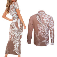 Hawaii Puakenikeni And Maile Lei Couples Matching Short Sleeve Bodycon Dress and Long Sleeve Button Shirt Brown Polynesian Shark Tattoo DT05 - Polynesian Pride