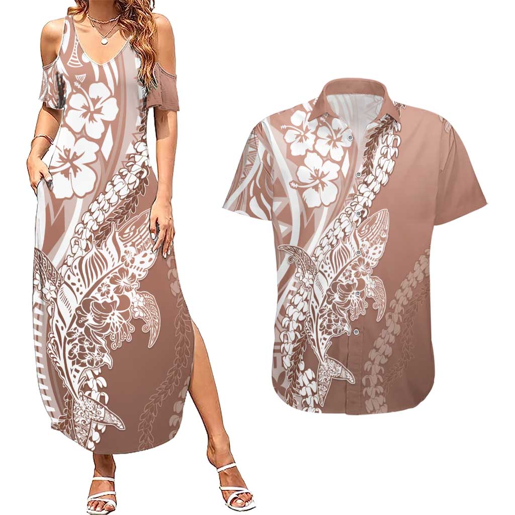 Hawaii Puakenikeni And Maile Lei Couples Matching Summer Maxi Dress and Hawaiian Shirt Brown Polynesian Shark Tattoo DT05 Brown - Polynesian Pride