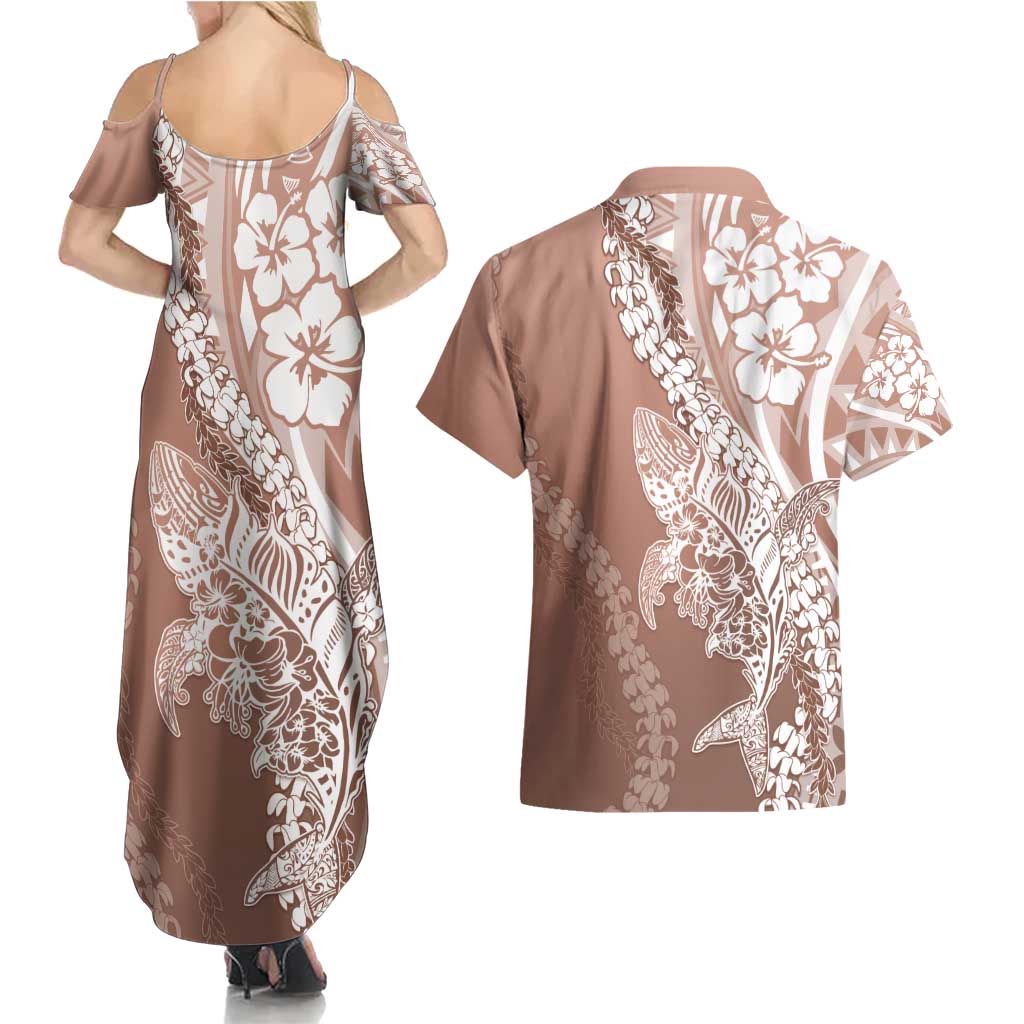 Hawaii Puakenikeni And Maile Lei Couples Matching Summer Maxi Dress and Hawaiian Shirt Brown Polynesian Shark Tattoo DT05 - Polynesian Pride