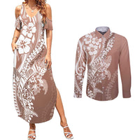 Hawaii Puakenikeni And Maile Lei Couples Matching Summer Maxi Dress and Long Sleeve Button Shirt Brown Polynesian Shark Tattoo DT05 Brown - Polynesian Pride