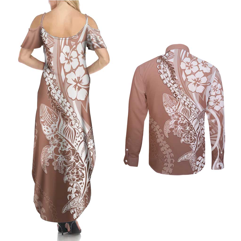 Hawaii Puakenikeni And Maile Lei Couples Matching Summer Maxi Dress and Long Sleeve Button Shirt Brown Polynesian Shark Tattoo DT05 - Polynesian Pride