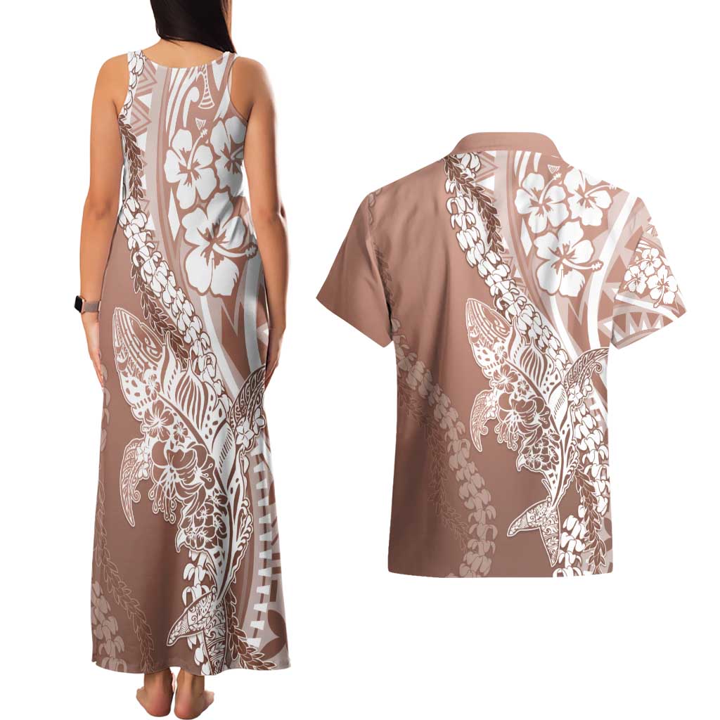 Hawaii Puakenikeni And Maile Lei Couples Matching Tank Maxi Dress and Hawaiian Shirt Brown Polynesian Shark Tattoo DT05 - Polynesian Pride
