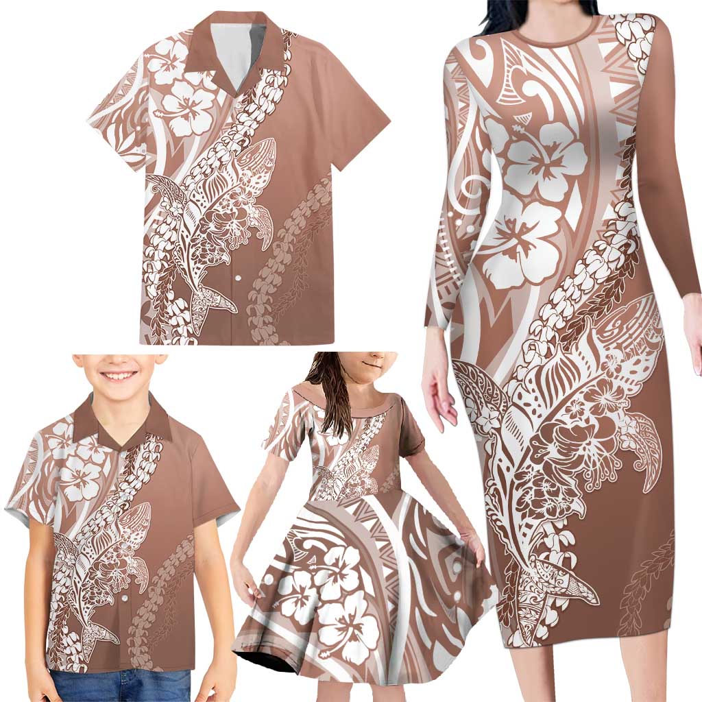 Hawaii Puakenikeni And Maile Lei Family Matching Long Sleeve Bodycon Dress and Hawaiian Shirt Brown Polynesian Shark Tattoo DT05 - Polynesian Pride