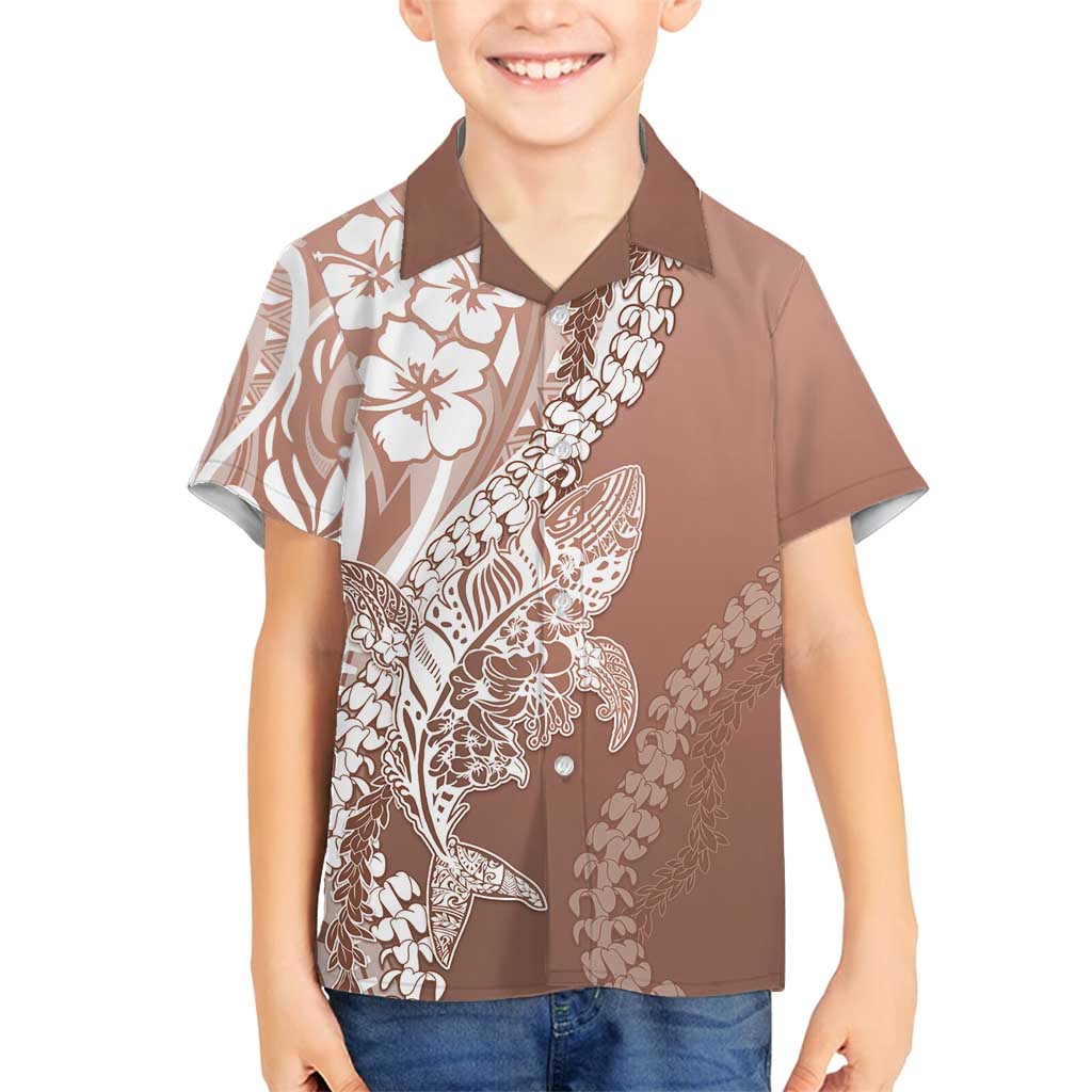 Hawaii Puakenikeni And Maile Lei Family Matching Long Sleeve Bodycon Dress and Hawaiian Shirt Brown Polynesian Shark Tattoo DT05 Son's Shirt Brown - Polynesian Pride