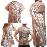 Hawaii Puakenikeni And Maile Lei Family Matching Off Shoulder Maxi Dress and Hawaiian Shirt Brown Polynesian Shark Tattoo DT05