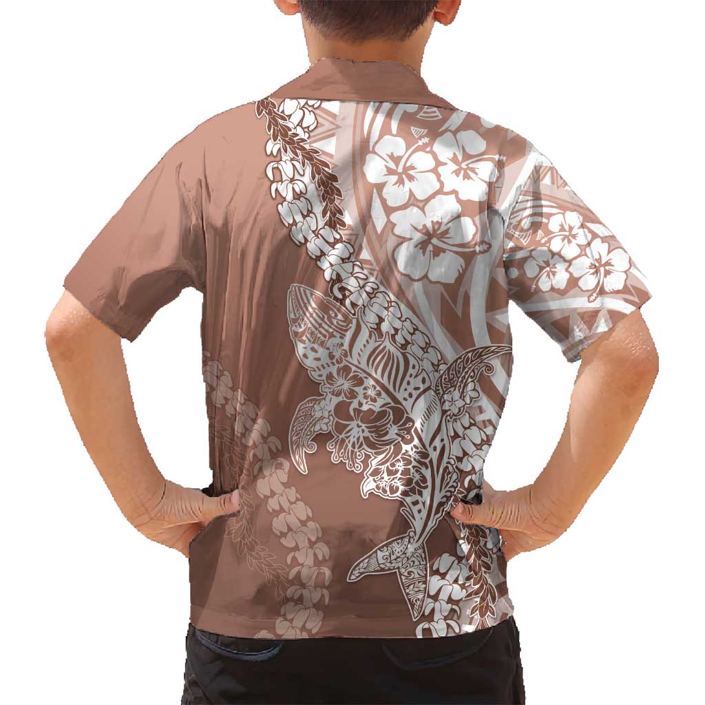Hawaii Puakenikeni And Maile Lei Family Matching Off Shoulder Short Dress and Hawaiian Shirt Brown Polynesian Shark Tattoo DT05 - Polynesian Pride