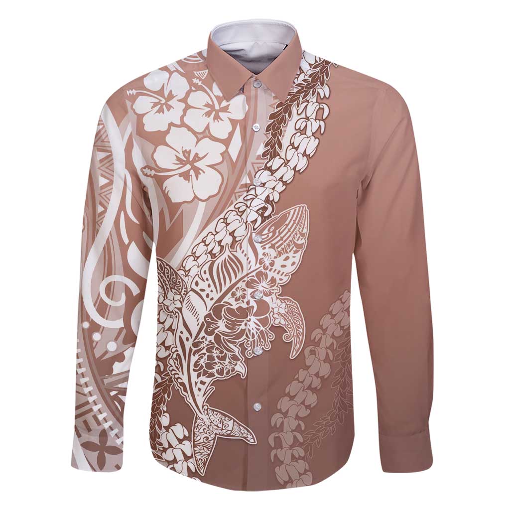 Hawaii Puakenikeni And Maile Lei Family Matching Off Shoulder Short Dress and Hawaiian Shirt Brown Polynesian Shark Tattoo DT05 Dad's Shirt - Long Sleeve Brown - Polynesian Pride