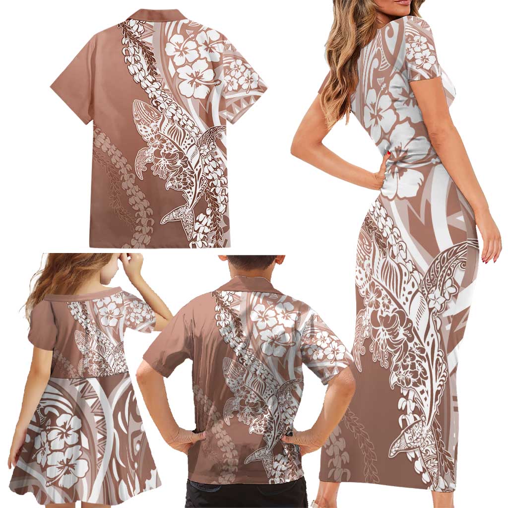 Hawaii Puakenikeni And Maile Lei Family Matching Short Sleeve Bodycon Dress and Hawaiian Shirt Brown Polynesian Shark Tattoo DT05 - Polynesian Pride