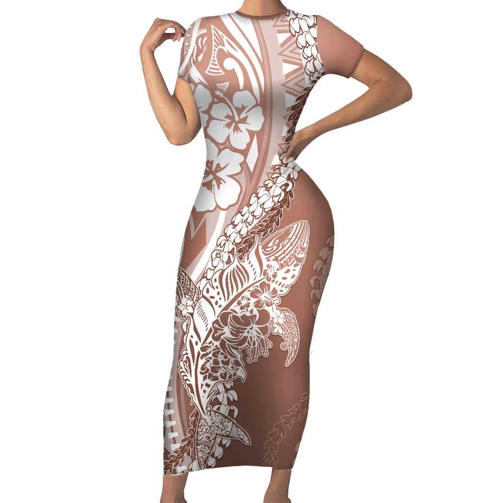 Hawaii Puakenikeni And Maile Lei Family Matching Short Sleeve Bodycon Dress and Hawaiian Shirt Brown Polynesian Shark Tattoo DT05 Mom's Dress Brown - Polynesian Pride