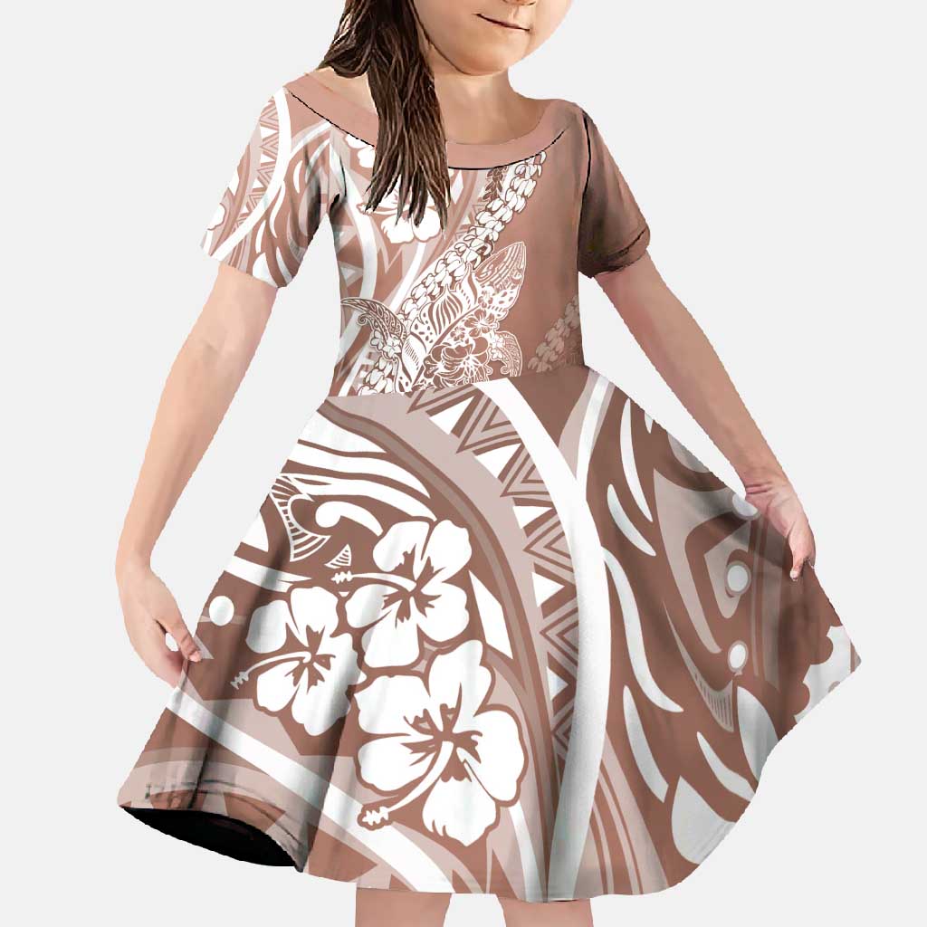 Hawaii Puakenikeni And Maile Lei Family Matching Summer Maxi Dress and Hawaiian Shirt Brown Polynesian Shark Tattoo DT05 Daughter's Dress Brown - Polynesian Pride