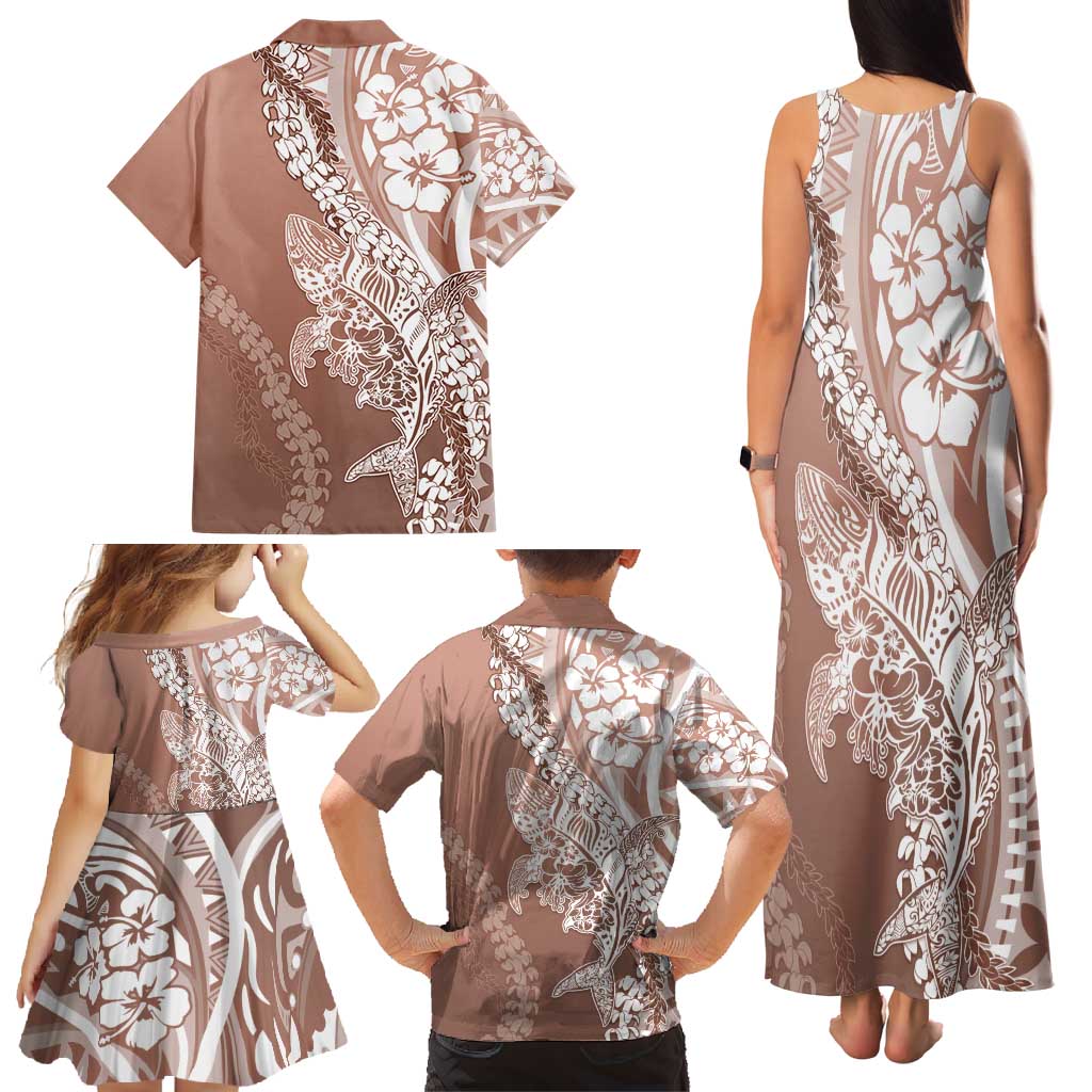 Hawaii Puakenikeni And Maile Lei Family Matching Tank Maxi Dress and Hawaiian Shirt Brown Polynesian Shark Tattoo DT05