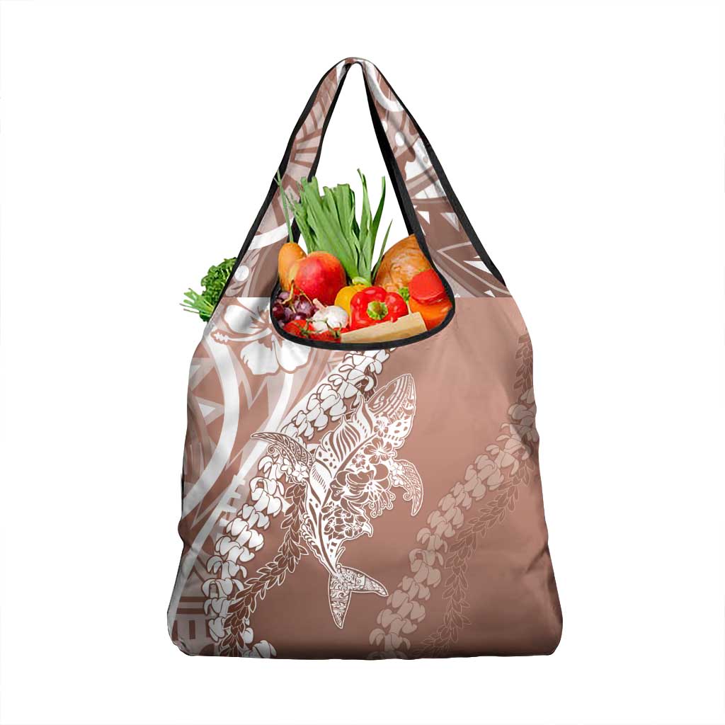 Hawaii Puakenikeni And Maile Lei Grocery Bag Brown Polynesian Shark Tattoo DT05