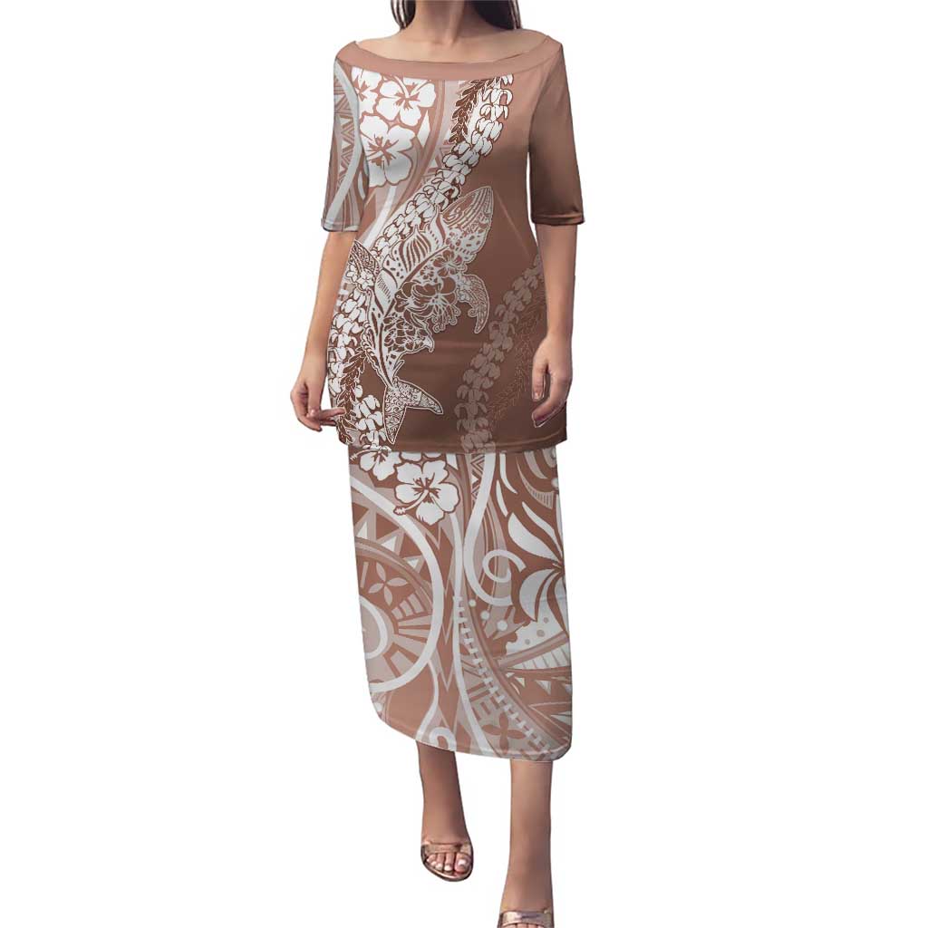 Hawaii Puakenikeni And Maile Lei Puletasi Brown Polynesian Shark Tattoo DT05