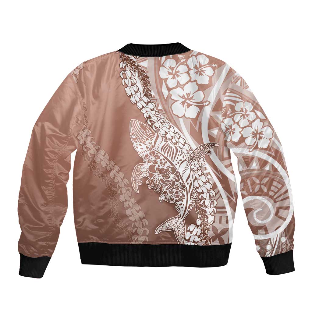 Hawaii Puakenikeni And Maile Lei Sleeve Zip Bomber Jacket Brown Polynesian Shark Tattoo DT05 - Polynesian Pride