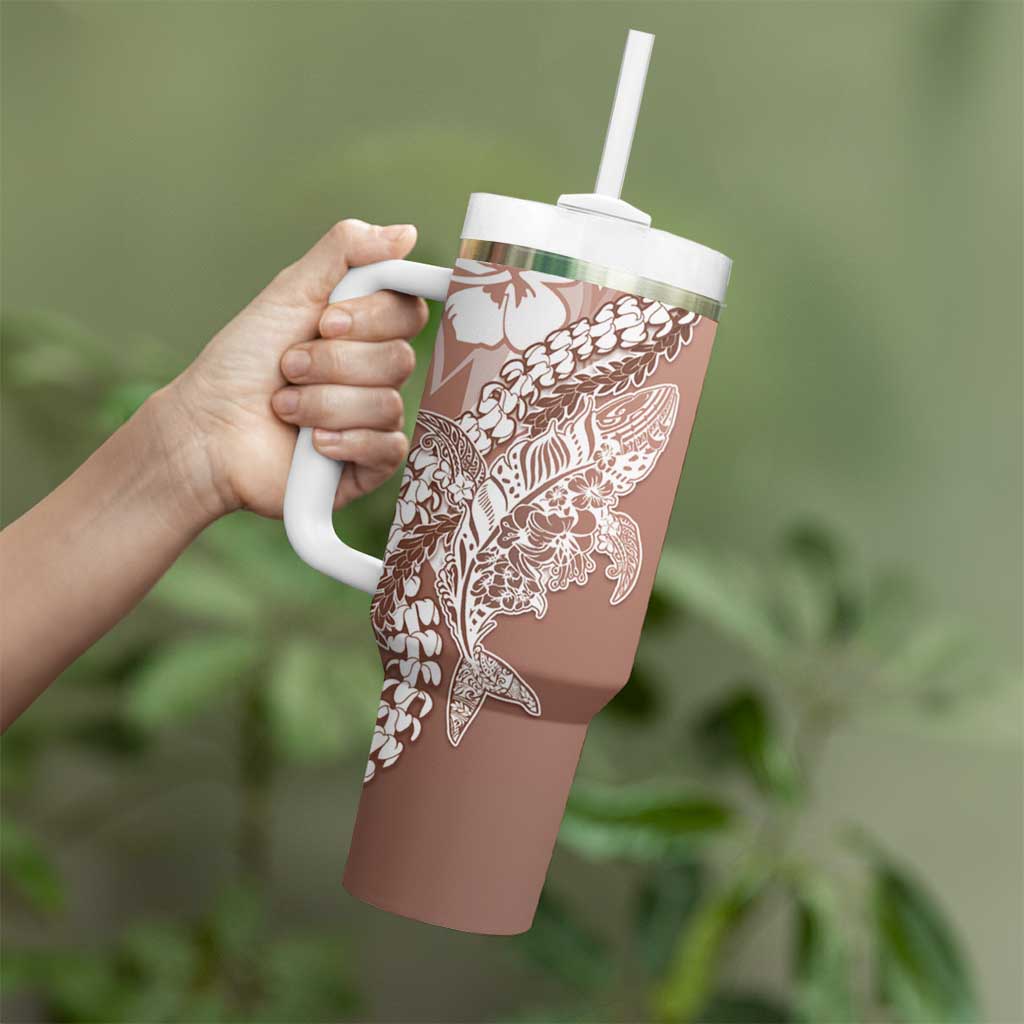 Hawaii Puakenikeni And Maile Lei Tumbler With Handle Brown Polynesian Shark Tattoo DT05