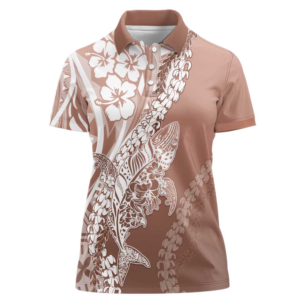 Hawaii Puakenikeni And Maile Lei Women Polo Shirt Brown Polynesian Shark Tattoo DT05