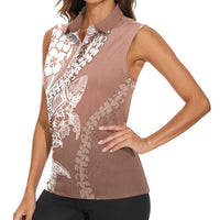 Hawaii Puakenikeni And Maile Lei Women Sleeveless Polo Shirt Brown Polynesian Shark Tattoo DT05