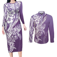 Hawaii Puakenikeni And Maile Lei Couples Matching Long Sleeve Bodycon Dress and Long Sleeve Button Shirt Violet Polynesian Shark Tattoo DT05 Violet - Polynesian Pride