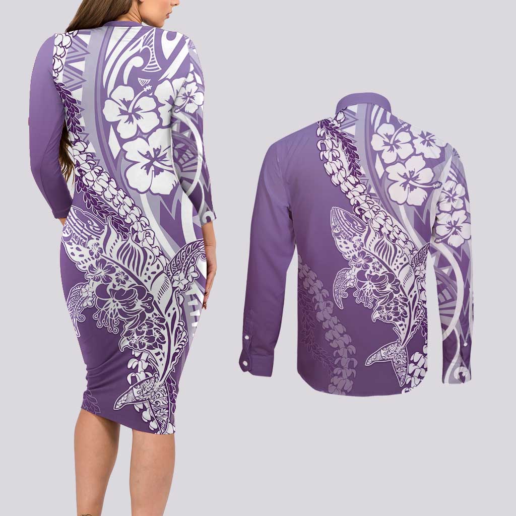 Hawaii Puakenikeni And Maile Lei Couples Matching Long Sleeve Bodycon Dress and Long Sleeve Button Shirt Violet Polynesian Shark Tattoo DT05 - Polynesian Pride