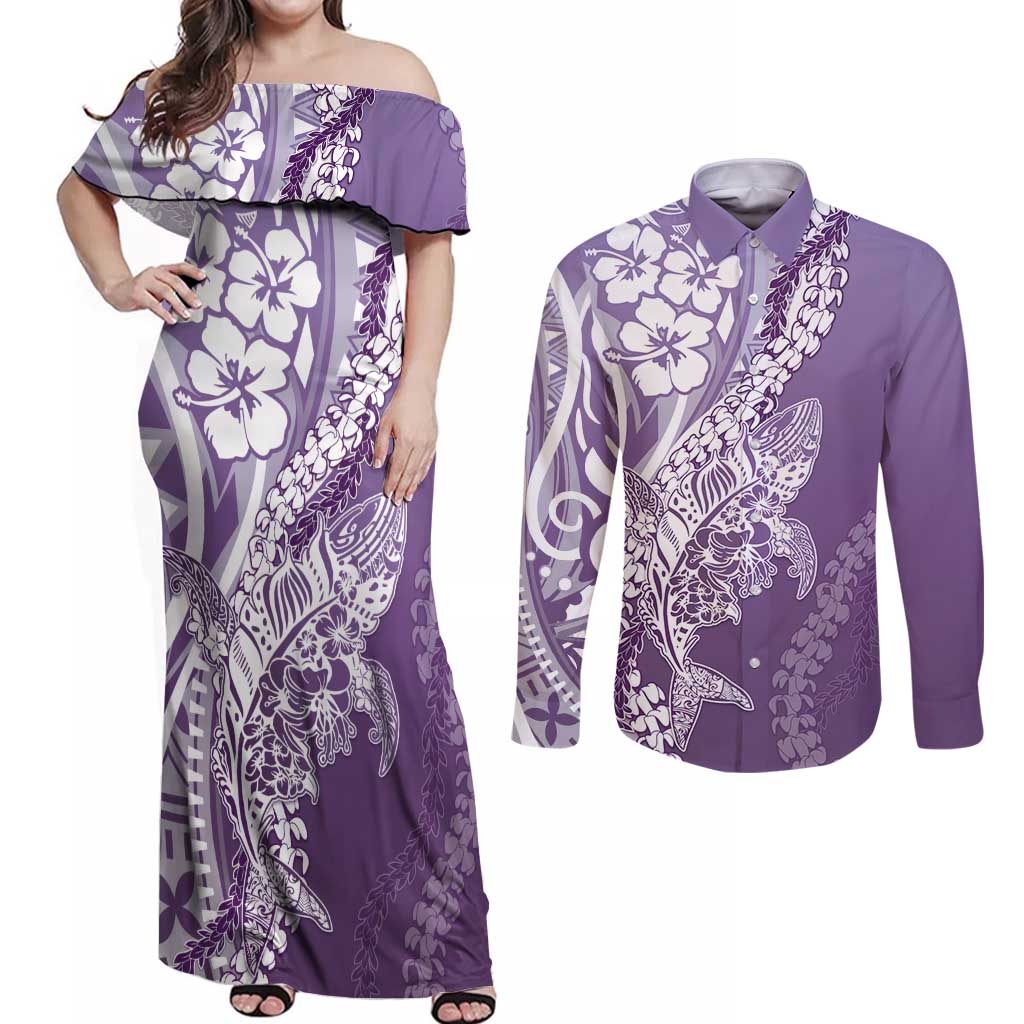 Hawaii Puakenikeni And Maile Lei Couples Matching Off Shoulder Maxi Dress and Long Sleeve Button Shirt Violet Polynesian Shark Tattoo DT05 Violet - Polynesian Pride
