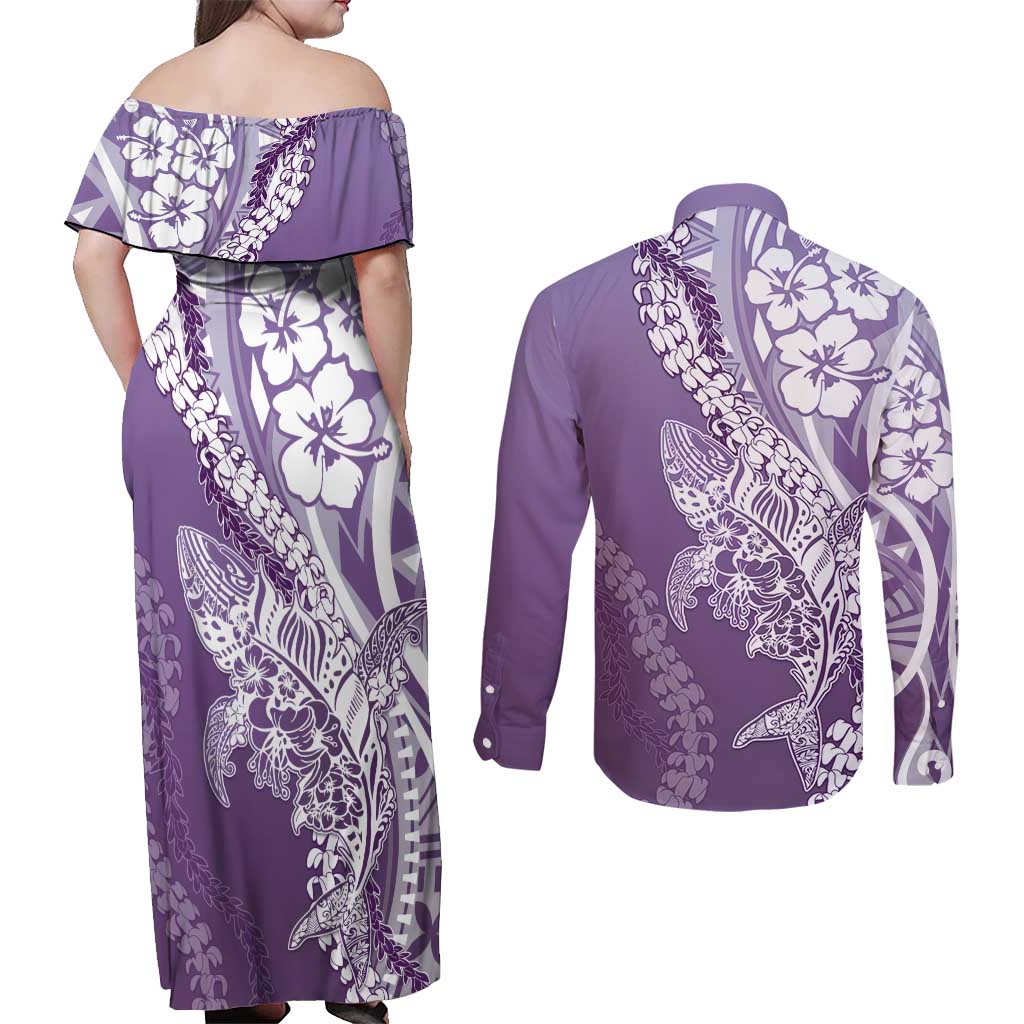 Hawaii Puakenikeni And Maile Lei Couples Matching Off Shoulder Maxi Dress and Long Sleeve Button Shirt Violet Polynesian Shark Tattoo DT05 - Polynesian Pride