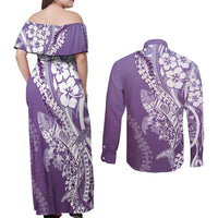Hawaii Puakenikeni And Maile Lei Couples Matching Off Shoulder Maxi Dress and Long Sleeve Button Shirt Violet Polynesian Shark Tattoo DT05 - Polynesian Pride