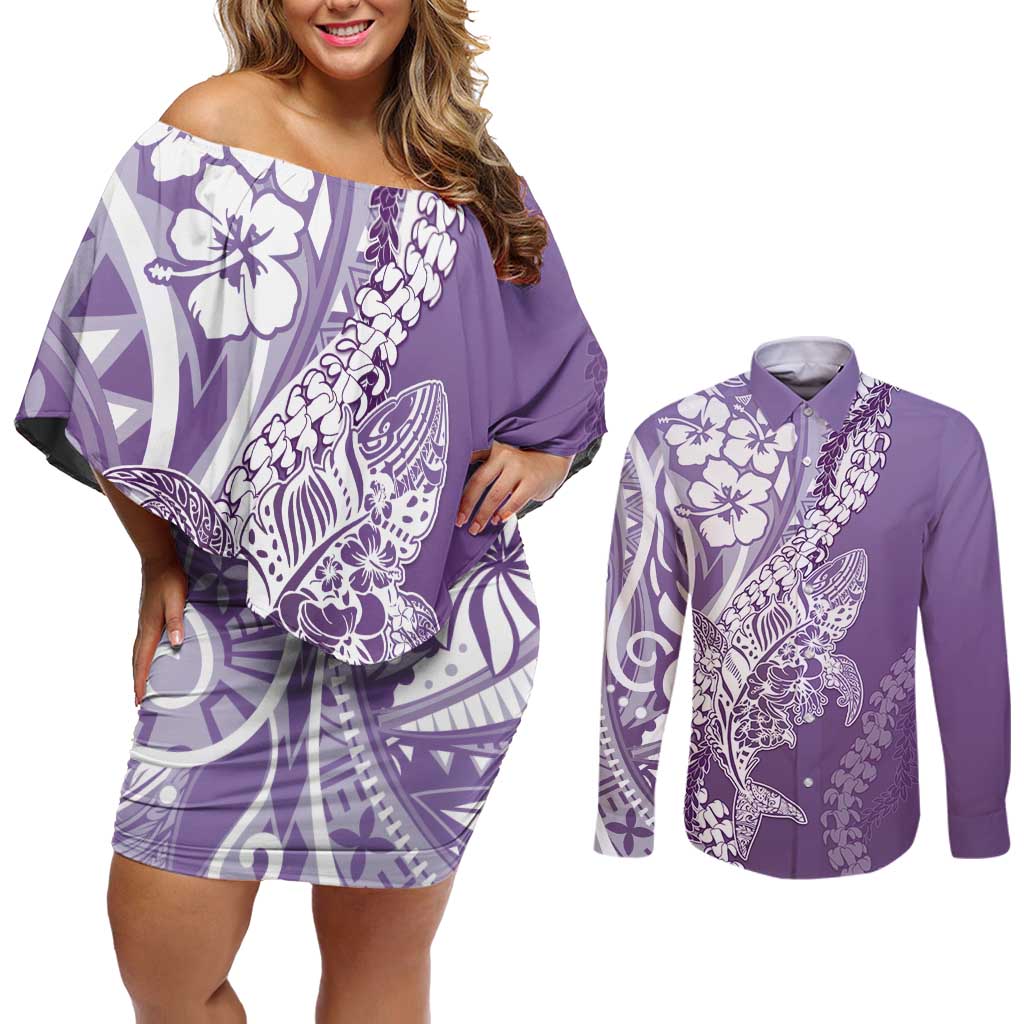 Hawaii Puakenikeni And Maile Lei Couples Matching Off Shoulder Short Dress and Long Sleeve Button Shirt Violet Polynesian Shark Tattoo DT05 Violet - Polynesian Pride