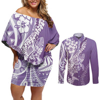 Hawaii Puakenikeni And Maile Lei Couples Matching Off Shoulder Short Dress and Long Sleeve Button Shirt Violet Polynesian Shark Tattoo DT05 Violet - Polynesian Pride