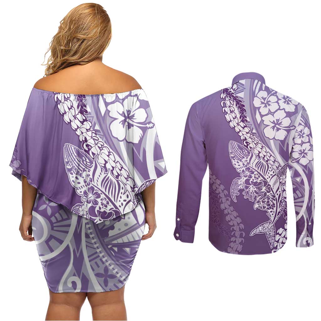 Hawaii Puakenikeni And Maile Lei Couples Matching Off Shoulder Short Dress and Long Sleeve Button Shirt Violet Polynesian Shark Tattoo DT05 - Polynesian Pride