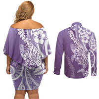 Hawaii Puakenikeni And Maile Lei Couples Matching Off Shoulder Short Dress and Long Sleeve Button Shirt Violet Polynesian Shark Tattoo DT05 - Polynesian Pride