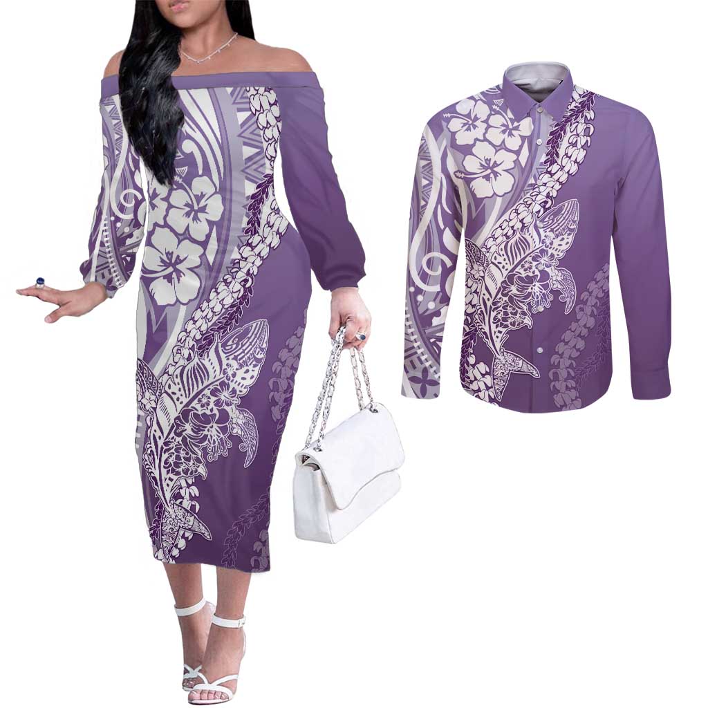 Hawaii Puakenikeni And Maile Lei Couples Matching Off The Shoulder Long Sleeve Dress and Long Sleeve Button Shirt Violet Polynesian Shark Tattoo DT05 Violet - Polynesian Pride