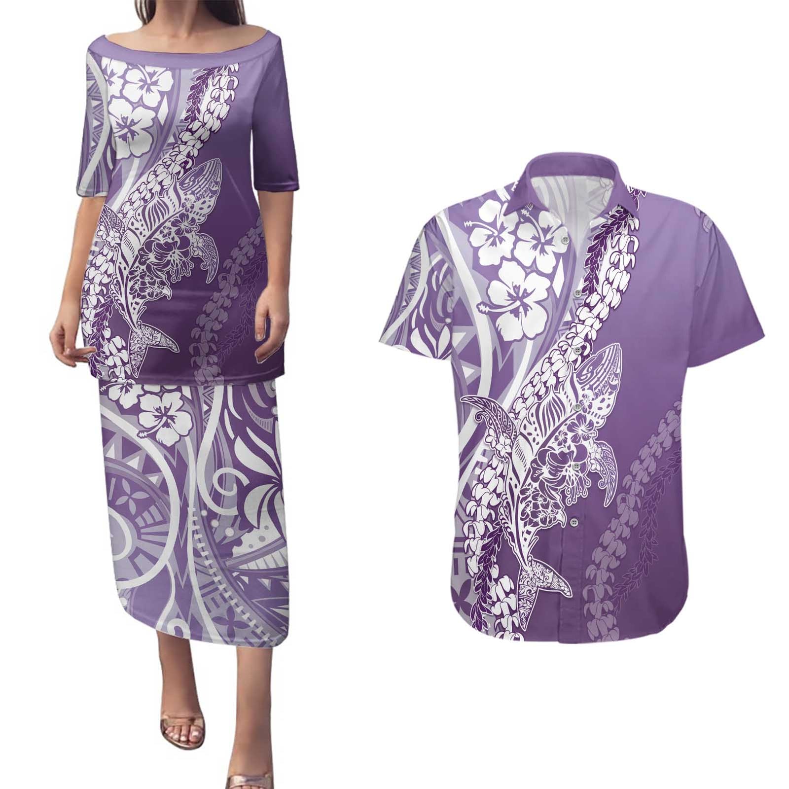 Hawaii Puakenikeni And Maile Lei Couples Matching Puletasi and Hawaiian Shirt Violet Polynesian Shark Tattoo DT05