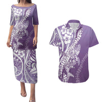 Hawaii Puakenikeni And Maile Lei Couples Matching Puletasi and Hawaiian Shirt Violet Polynesian Shark Tattoo DT05