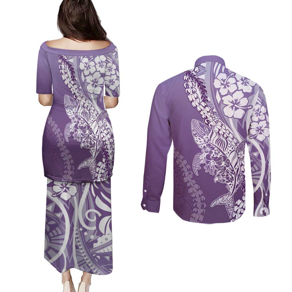 Hawaii Puakenikeni And Maile Lei Couples Matching Puletasi and Long Sleeve Button Shirt Violet Polynesian Shark Tattoo DT05