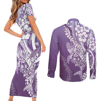 Hawaii Puakenikeni And Maile Lei Couples Matching Short Sleeve Bodycon Dress and Long Sleeve Button Shirt Violet Polynesian Shark Tattoo DT05 - Polynesian Pride