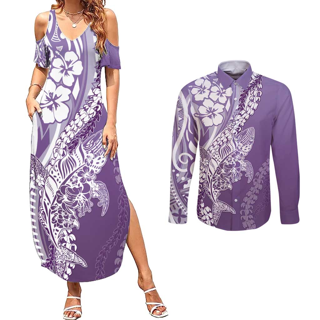 Hawaii Puakenikeni And Maile Lei Couples Matching Summer Maxi Dress and Long Sleeve Button Shirt Violet Polynesian Shark Tattoo DT05 Violet - Polynesian Pride